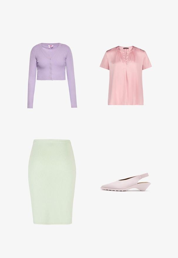 Cardigan court en maille côtelée lilas avec manches longues, col en V et cinq boutons sur le devant.; Blouse rose à manches courtes avec encolure ronde et détail de pli sur le devant, réalisée en tissu lisse et brillant.; Jupe crayon en tricot de couleur vert menthe clair avec une texture à côtes verticales, forme ajustée et ceinture lisse. Idéale pour une tenue décontractée ou formelle.; Chaussure slingback rose pâle avec pointe pointue, petit talon compensé courbé et bride élastique à l'arrière.