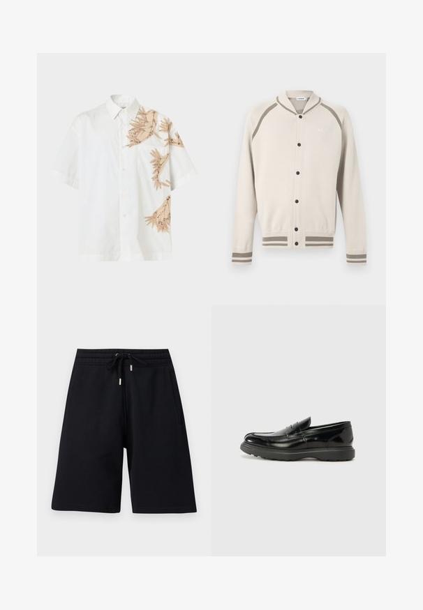 Cream button-up cardigan with taupe stripes on cuffs, hem, and shoulders, featuring a small embroidered logo on the chest.; White short-sleeve button-up shirt with beige and brown abstract leaf patterns on the right shoulder, chest pocket, and lower right side.; Black knee-length shorts with elastic waistband and drawstring, featuring side pockets and a relaxed fit.; Black leather loafer with a glossy finish, rounded toe, subtle stitching details, and a thick rubber sole for durability.