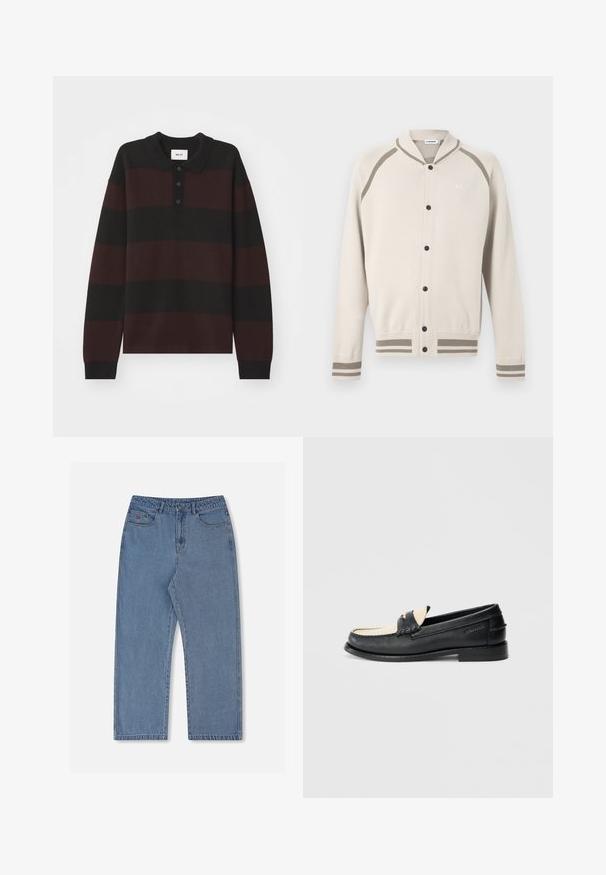 Kremfarvet cardigan med knapper, med taupefarvede striber på manchetter, kant og skuldre, med en lille broderet logo på brystet.; NN.07 RUGBY - Langærmet T-shirt - black; Lyseblå denimjeans med løs pasform, lige ben, fem lommer og lukning med knap. Har et diskret rødt logo på forlommen.; Sort lædersko med beige detaljer, dekorative syninger, firkantet tå, diskrete metaldele og flad sål; glat tekstur.