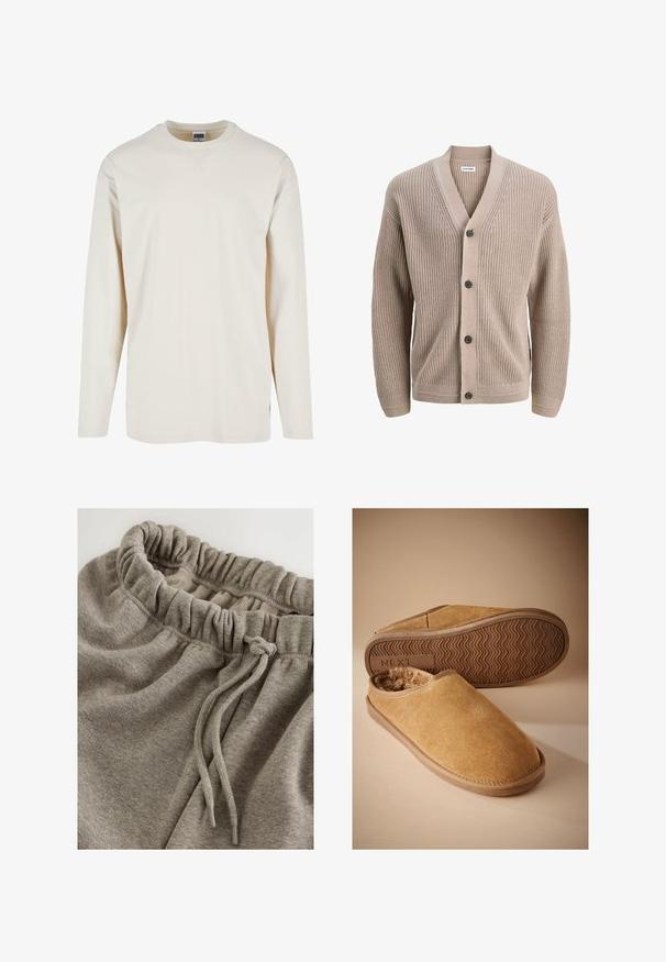 Cárdigan de punto beige con escote en V, cinco botones y textura acanalada. Mangas largas y sutiles bolsillos laterales. Diseño casual y ligero.; Camiseta de manga larga en color crema, confeccionada en suave algodón, con un escote redondo y aberturas laterales para mayor comodidad. Diseño minimalista, textura lisa.; Pantalones de chándal grises de algodón con una cinturilla elástica de textura fruncida y un cordón para mayor ajustabilidad. Tejido suave y liso.; Zapatillas marrones de ante tipo slip-on con forro de lana suave y suela de goma texturizada, una zapatilla mostrando la suela con la marca "NEXT".