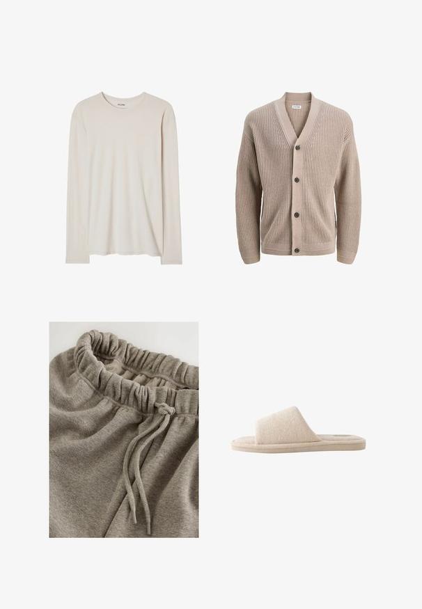 Beige gebreide cardigan met een V-hals, vijf knopen en ribbeltextuur. Lange mouwen en subtiele zijzakken. Casual en lichtgewicht ontwerp.; Beige lange mouwen T-shirt van zacht materiaal. Heeft een ronde halslijn en een rechte zoom, zonder zichtbare patronen of versieringen.; Grijze katoenen sweatpants met een elastische tailleband met een geplooide textuur en een koord voor verstelbaarheid. Glad, zacht stof.; Beige zachte stoffen open teen instap pantoffel met dikke zool en brede band over de bovenkant voor gebruik binnenshuis.