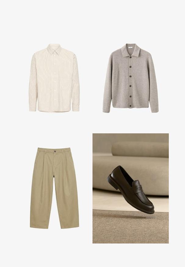 Cardigan gris en tissu tricoté côtelé. Comporte un col à revers, une fermeture à boutons et des manches longues. Rehaussé de boutons foncés.; Chemise beige clair à boutons avec rayures verticales bleu foncé, col pointu, manches longues et une poche poitrine unique. Fabriquée en tissu doux.; Pantalon large kaki avec plis sur le devant, passants pour ceinture, poches latérales et fermeture par bouton à la taille.; Un seul mocassin en cuir brun foncé flottant au-dessus d’un tapis texturé beige, avec un canapé beige flou en arrière-plan.