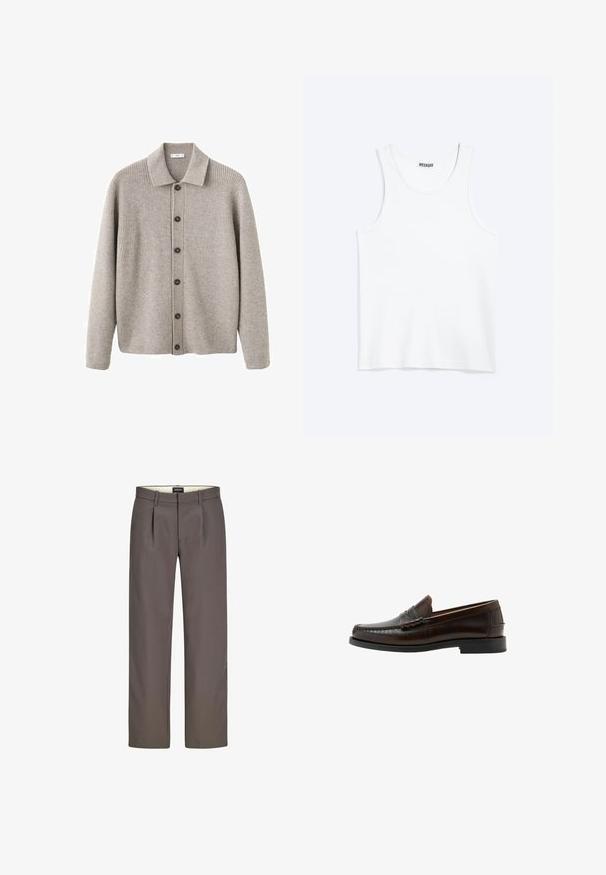 Cardigan gris en tissu tricoté côtelé. Comporte un col à revers, une fermeture à boutons et des manches longues. Rehaussé de boutons foncés.; Débardeur blanc sans manches avec col rond et étiquette de la marque Weekday à l'intérieur du col arrière, présenté à plat sur un fond clair.; Pantalons gris avec un design à jambes droites, dotés de plis, d'une fermeture éclair et d'une texture lisse. La doublure interne est de couleur crème.; Mocassin penny en cuir marron foncé avec bout moc cousu, talon bas et finition lisse, présenté de profil sur fond blanc.