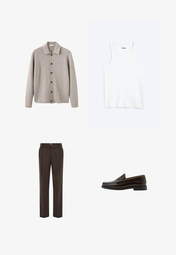 Cardigan gris en tissu tricoté côtelé. Comporte un col à revers, une fermeture à boutons et des manches longues. Rehaussé de boutons foncés.; Débardeur blanc sans manches avec col rond et étiquette de la marque Weekday à l'intérieur du col arrière, présenté à plat sur un fond clair.; Pantalon marron foncé sur mesure avec plis à l'avant, passants de ceinture, fermeture par bouton et coupe droite.; Mocassin penny en cuir marron foncé avec bout moc cousu, talon bas et finition lisse, présenté de profil sur fond blanc.
