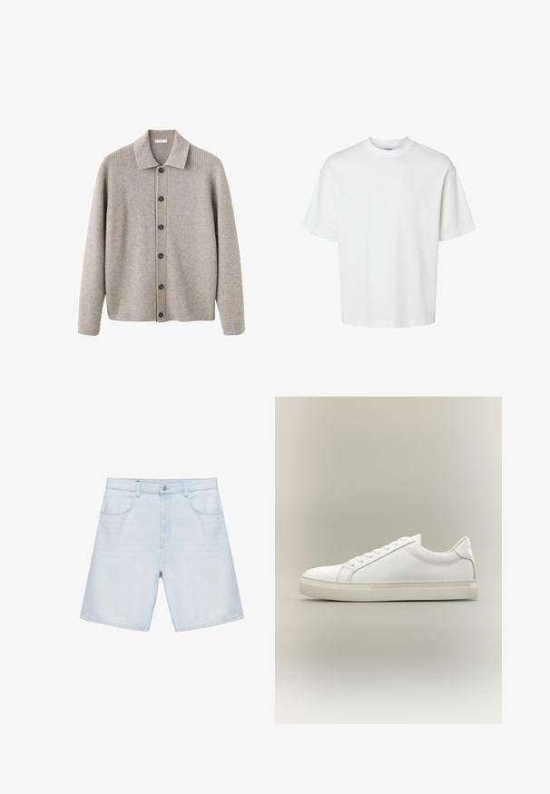 Cardigan gris en tissu tricoté côtelé. Comporte un col à revers, une fermeture à boutons et des manches longues. Rehaussé de boutons foncés.; T-shirt blanc uni à manches courtes, col rond et coupe décontractée, présenté sur un fond blanc.; Short en jean bleu clair avec poches avant, passants de ceinture et fermeture par bouton, présenté sur fond blanc.; Baskets blanches basses à lacets sur l’avant et semelle épaisse, vues de côté sur un fond neutre.