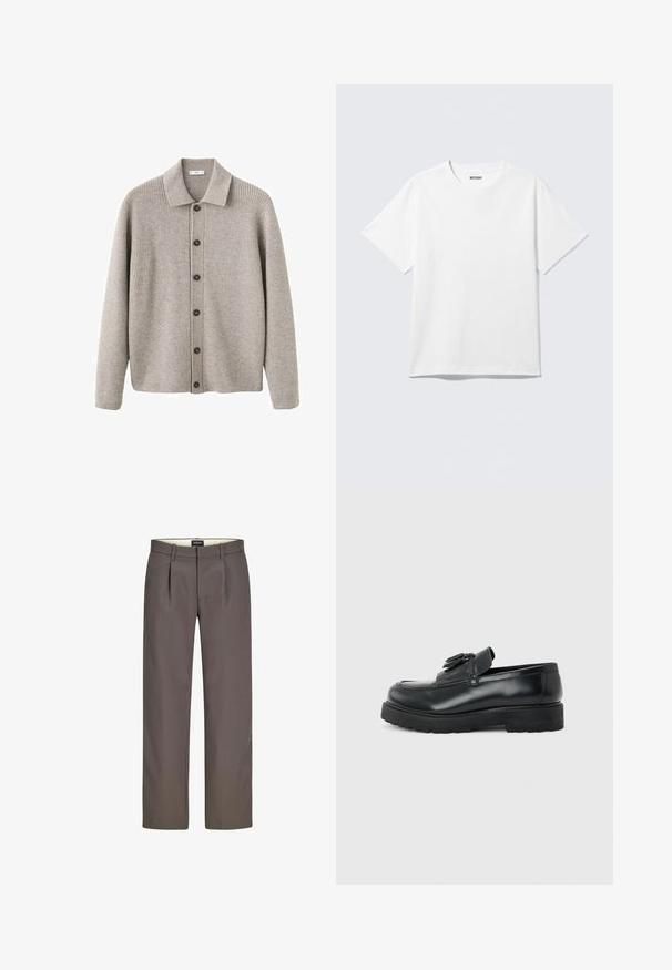 Cardigan gris en tissu tricoté côtelé. Comporte un col à revers, une fermeture à boutons et des manches longues. Rehaussé de boutons foncés.; T-shirt blanc à manches courtes et col rond, étalé à plat, design uni, avec l'étiquette "WEEKDAY" à l'intérieur du col sur un fond clair.; Pantalons gris avec un design à jambes droites, dotés de plis, d'une fermeture éclair et d'une texture lisse. La doublure interne est de couleur crème.; Mocassin en cuir noir avec pampilles, semelle épaisse en caoutchouc et talon bas, présenté de profil sur un fond uni.