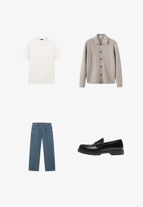 Grå cardigan lavet af ribstrikket stof. Har en krave, knaplukning og lange ærmer. Fremhævet med mørke knapper.; Lys hvid kortærmet t-shirt med rund hals, vist fladt med synlig halslabel mod en hvid baggrund.; Blå denim-jeans med lige ben, forlommer, bæltestropper og knaplukning, lagt fladt på en hvid baggrund.; Sort læderloafer med en kraftig gummisål og klassiske penny-strap detaljer, vist fra ydersiden.
