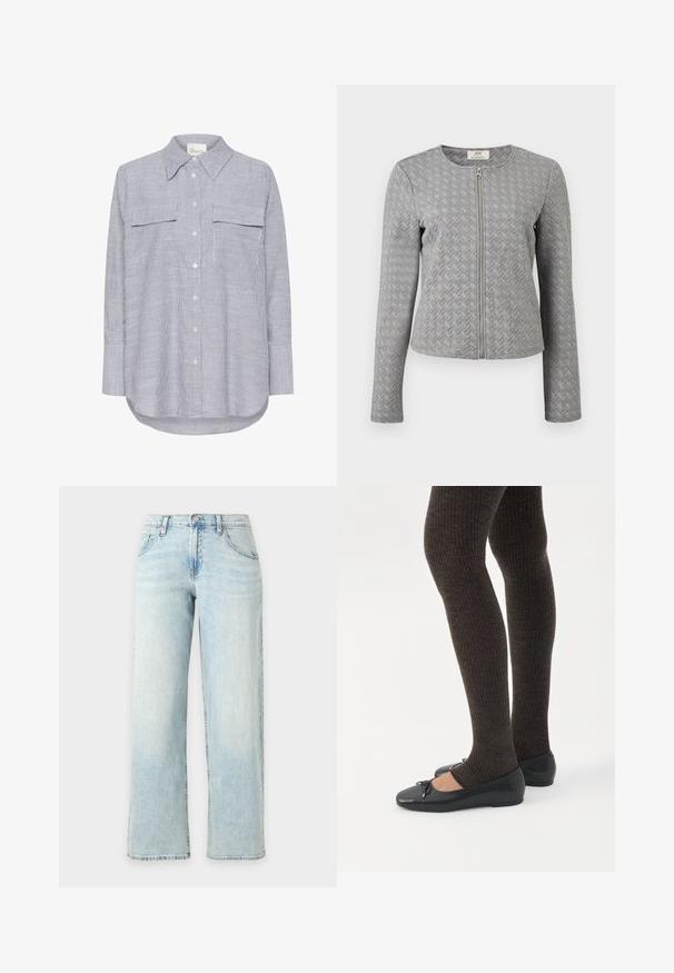 Chaqueta gris acolchada de manga larga con cremallera frontal, cuello redondo y textura de patrón en chevron, mostrada sobre un fondo blanco.; Camisa de botones a rayas en azul y blanco. Presenta un cuello clásico, dos bolsillos en el pecho y mangas largas con puños abotonados.; Vaqueros de pierna recta color azul claro con bolsillos delanteros, trabillas para el cinturón y cierre de botón sobre un fondo blanco liso.; Piernas con leggings oscuros acanalados combinados con bailarinas negras que presentan pequeños detalles de lazo sobre un fondo blanco.
