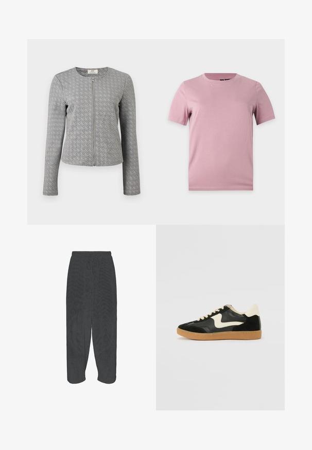 Veste matelassée grise à manches longues avec fermeture éclair frontale, col rond, et texture à motif chevron, présentée sur un fond blanc.; T-shirt uni en coton rose pâle à manches courtes avec col rond, présenté sur un fond plat gris clair.; Pantalon noir coupe ample avec ceinture élastique et cordon, présenté à plat sur fond blanc.; Baskets en daim et cuir noir avec un swoosh latéral crème et un talon crème clair. Dotées de lacets beige et d'une semelle en caoutchouc gomme.