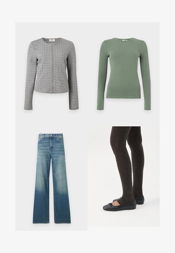 Veste matelassée grise à manches longues avec fermeture éclair frontale, col rond, et texture à motif chevron, présentée sur un fond blanc.; Haut en tricot côtelé à manches longues avec col rond, de couleur vert sourd, à la silhouette près du corps.; Jean en denim bleu taille haute avec une coupe large, poches avant, fermeture par boutons et détails délavés sur les cuisses et le bas des jambes.; Jambes portant des leggings côtelés foncés associés à des ballerines noires avec de petits détails en nœud sur fond blanc.