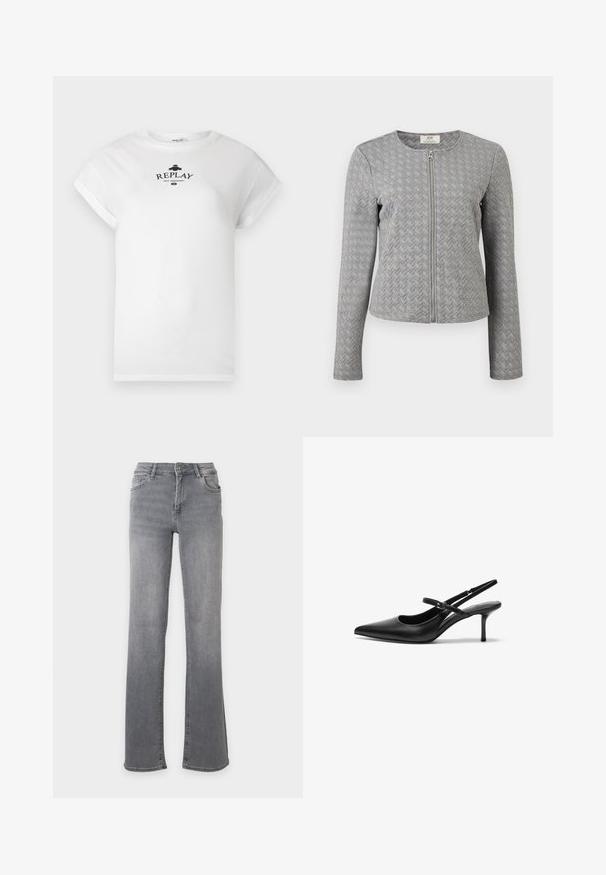 Veste matelassée grise à manches longues avec fermeture éclair frontale, col rond, et texture à motif chevron, présentée sur un fond blanc.; T-shirt en coton blanc avec un col rond et des manches courtes retroussées. Présente un logo imprimé en noir avec l'inscription "REPLAY NOT ORDINARY."; Jean gris en denim à coupe droite, avec poches avant, passants de ceinture et fermeture à bouton.; Talons aiguilles noires en cuir avec un bout pointu, une fine bride réglable, et un talon aiguille d'environ 5 cm, texture lisse.