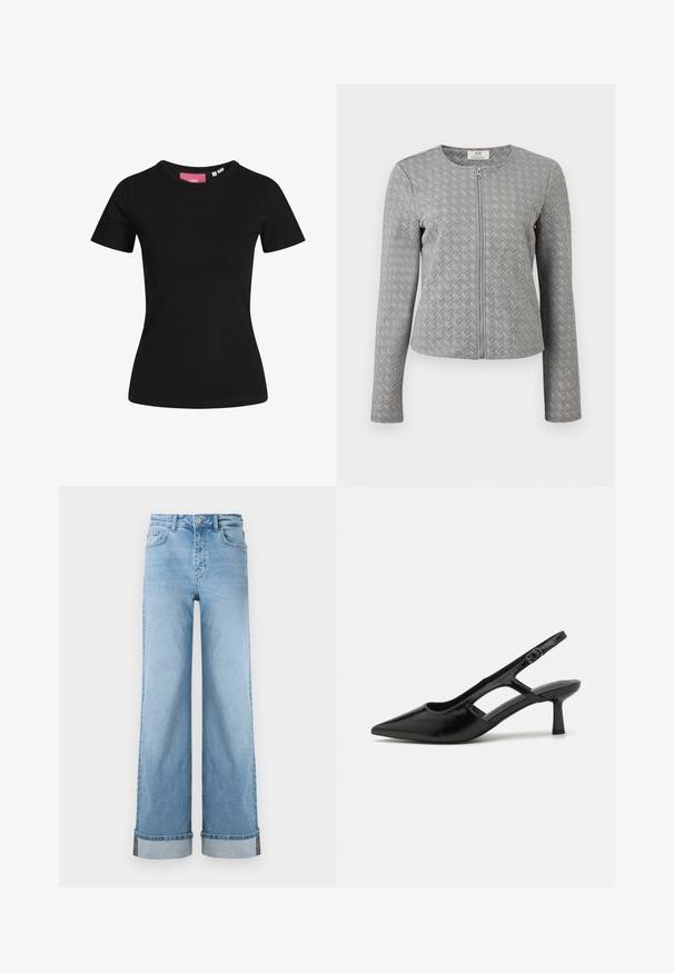 Graue gesteppte Jacke mit langen Ärmeln, vorderem Reißverschluss, rundem Ausschnitt und Zickzackmuster, präsentiert auf weißem Hintergrund.; Schwarzes Kurzarm-T-Shirt aus Baumwolle. Klassisches Rundhalsdesign mit glatter Textur und figurbetontem Schnitt.; Hellblaue weite Jeans im klassischen Denim mit hoher Taille, ausgestattet mit umgeschlagenen Säumen und sichtbaren Nähten.; Schwarze Slingback-Absätze mit spitzer Zehenpartie, aus glänzendem Material gefertigt, mit ausgeschnittenen Akzenten und einem moderaten Absatz für Unterstützung.