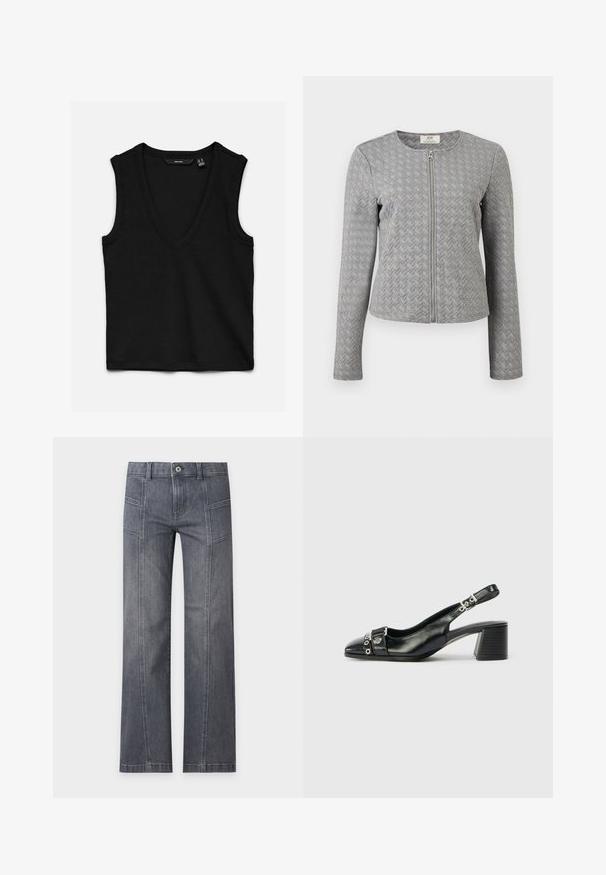 Veste matelassée grise à manches longues avec fermeture éclair frontale, col rond, et texture à motif chevron, présentée sur un fond blanc.; Haut noir sans manches en tricot côtelé avec un col en V profond et une coupe ajustée, posé à plat sur un fond blanc.; Jean droit gris en denim avec détails sur la couture avant, passants de ceinture et fermeture par bouton sur un fond clair uni.; Sandale à talon en cuir noir avec un bout pointu, une sangle texturée ornée d'accents métalliques circulaires et un talon empilé.