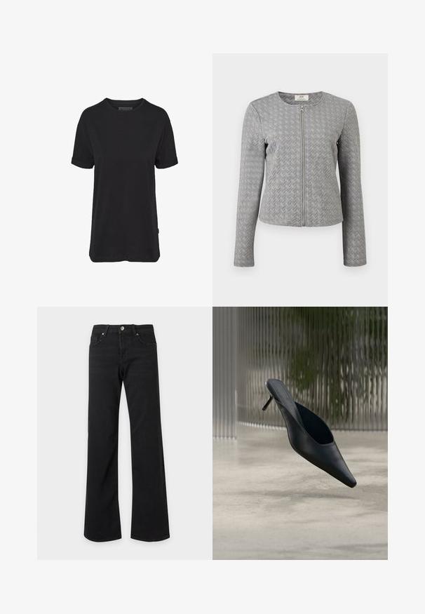 Chaqueta gris acolchada de manga larga con cremallera frontal, cuello redondo y textura de patrón en chevron, mostrada sobre un fondo blanco.; Camiseta de algodón negra con mangas cortas, cuello redondo y puños enrollados; presenta una sutil etiqueta de la marca en el dobladillo lateral.; Vaqueros negros de tiro alto con piernas rectas y anchas, bolsillos delanteros, presillas para cinturón y cierre con botón metálico sobre fondo blanco.; Zapato mule negro de punta fina con tacón alto y delgado flotando sobre un suelo de hormigón liso, con un fondo desenfocado de rayas verticales.