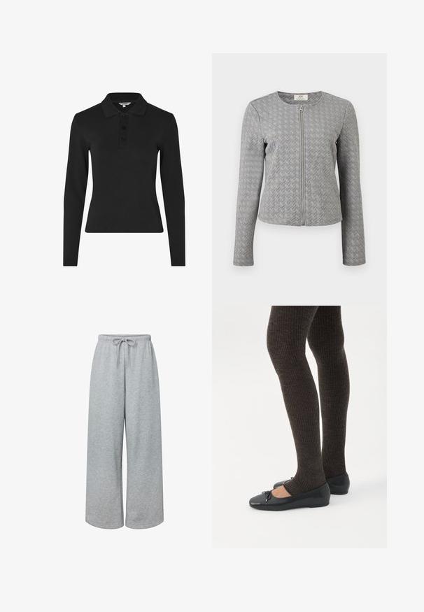 Grå langærmet quiltet jakke med frontlynlås, rund halsudskæring og chevron-mønstret tekstur, vist på hvid baggrund.; Langærmet sort polo shirt lavet af ribbet stof, med en klassisk krave og en tre-knaps placket foran.; Lysegrå sweatpants med vide ben, elastisk talje og snøre foran, lavet af blødt stof egnet til afslappet brug.; Ben iført mørke ribbede leggings kombineret med sorte balletsko med små sløjfedetaljer på hvid baggrund.