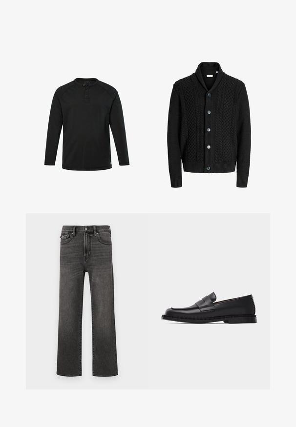 Schwarze Strickjacke mit Schalkragen, Zopfstrickdesign, gerippten Bündchen und Knopfverschluss mit vier dunkel gefärbten Knöpfen.; Schwarzes Langarm-Henley-Shirt mit drei Knöpfen und Rundhalsausschnitt, schlichte Gestaltung und gerader Saum.; Schwarze, ausgewaschene Jeans mit geradem Bein, Vorder- und Münztaschen, Knopf- und Reißverschluss, auf einem weißen Hintergrund präsentiert.; Schwarzer Penny-Loafer aus Leder mit niedrigem Absatz, abgerundeter Spitze und dekorativem Riemen über dem Vorderfuß, vor einem einfarbigen hellen Hintergrund.