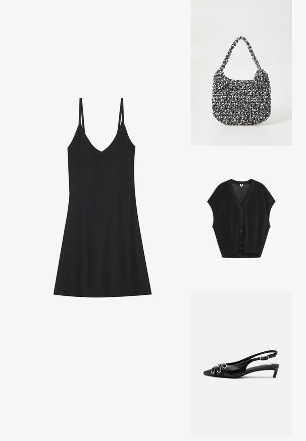 Zwarte mouwloze gebreide cardigan met V-hals en vijf knopen aan de voorkant, met geribbelde zoom en armsgaten, plat gelegd op een witte achtergrond.; Zwarte geribbelde slipdress met een V-hals en dunne verstelbare bandjes. Heeft een relaxed fit, valt boven de knieën en heeft een minimalistisch ontwerp.; Zwarte leren slingback schoen met puntige neus, drie zilveren gespen aan de voorkant en lage kittenhak op witte achtergrond.; Geweven handtas in zwart en wit met een ronde vorm, gestructureerd oppervlak en een gevlochten handvat. Geschikt voor dagelijks gebruik.