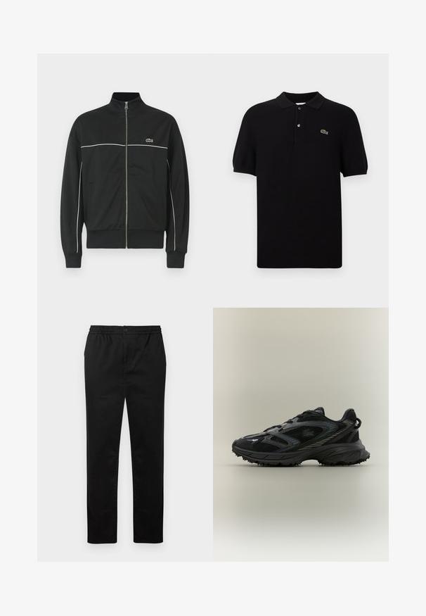 Zwarte ritself jacket met hoge kraag, witte piping over de borst en groen Lacoste-logo aan de linkerkant. Geribbelde manchetten en onderrand.; Zwarte poloshirt gemaakt van gebreide stof, met een klassieke kraag, drie knopen en een groene krokodillenlogo aan de linkerkant. Korte mouwen.; Zwarte rechte broek met elastische tailleband, knoopsluiting en zijzakken, weergegeven op een effen witte achtergrond.; Zwarte sportieve schoen met meshpanelen, een gestructureerde zool, veters en een gebogen silhouet met zilveren accenten aan de zijkanten.