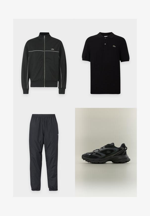 Zwarte ritself jacket met hoge kraag, witte piping over de borst en groen Lacoste-logo aan de linkerkant. Geribbelde manchetten en onderrand.; Zwarte poloshirt gemaakt van gebreide stof, met een klassieke kraag, drie knopen en een groene krokodillenlogo aan de linkerkant. Korte mouwen.; Zwarte, lichtgewicht, waterbestendige jogger pants met een elastische tailleband en gathered cuffs; minimale details met een klein logo.; Zwarte sportieve schoen met meshpanelen, een gestructureerde zool, veters en een gebogen silhouet met zilveren accenten aan de zijkanten.