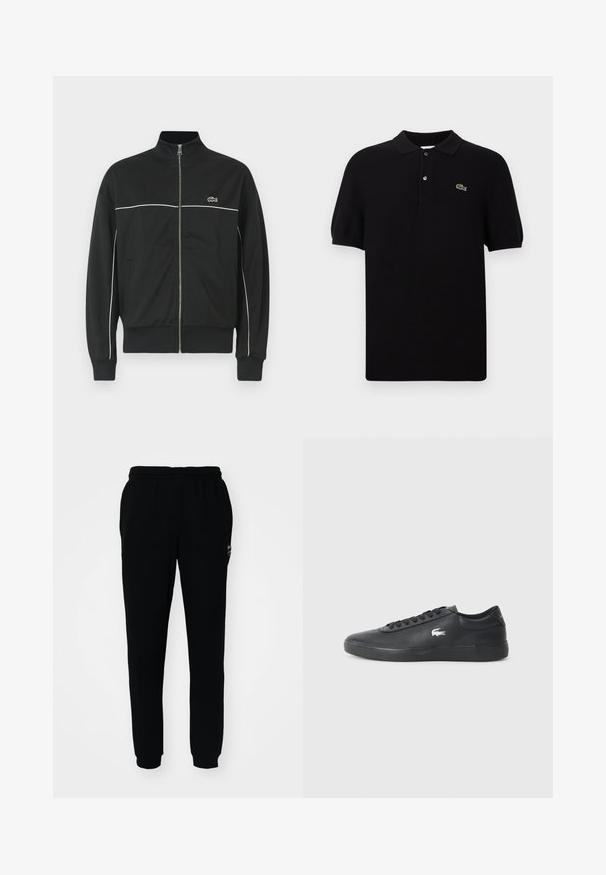 Sort zip-jakke med høj krave, hvid piping over brystet og grøn Lacoste-logo på venstre side. Ribbet manchetter og kant.; Sort polo skjorte lavet af strikket stof, med klassisk krave, tre knapper og et grønt krokodillelogo på venstre side. Korte ærmer.; Sorte sweatpants med elastisk talje og manchetter. Fremstillet af blødt stof med et lille logo på den øverste venstre side.; Sorte lædersneakers med rund tå, flad sål og hvidt logo på siden. Har sorte snørebånd og en glat, mat finish.