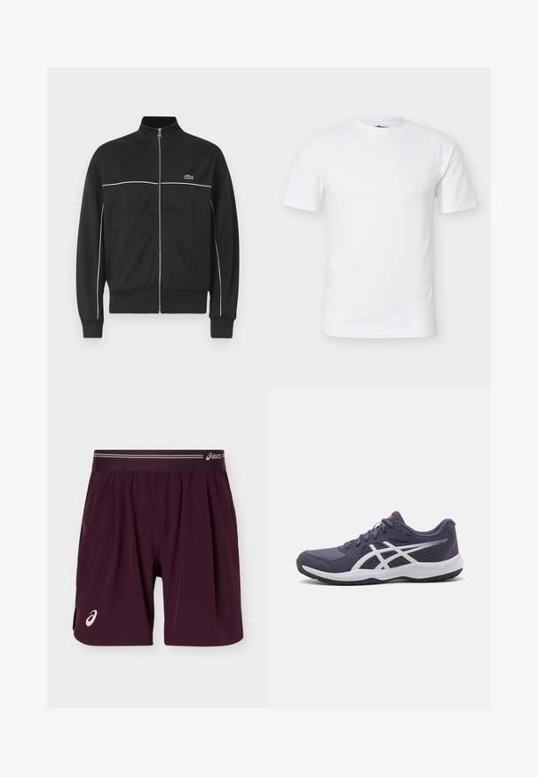 Čierna bunda na zips s vysokým golierom, bielym lemovaním cez prsia a zeleným logom Lacoste na ľavej strane. Rífľové manžety a lem.; Jednoduché biele tričko s krátkym rukávom, okrúhlym výstrihom, minimalistickým dizajnom a nenápadným logom na ľavej hornej časti hrude.; Tmavofialové športové šortky s elastickým pásom, logo Asics na ľavej nohe a páse, navrhnuté na športové použitie.; Tmavomodré športové topánky s bielymi akcentmi, textúrovaný materiál, nízky strih, vyprofilovaná podrážka a šnurovacie uzatvorenie.