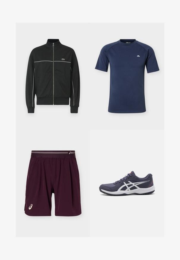 Zwarte ritself jacket met hoge kraag, witte piping over de borst en groen Lacoste-logo aan de linkerkant. Geribbelde manchetten en onderrand.; Marineblauw sportshirt met korte mouwen, ronde hals en een klein wit logo op de linkerborst.; Donkerpaarse sportshorts met elastische tailleband, Asics-logo op het linkerbeen en de tailleband, ontworpen voor atletisch gebruik.; Donkerblauwe sport schoenen met witte accenten, textuur aan de bovenkant, laag uitgesneden ontwerp, gevoerde zool en vetersluiting.