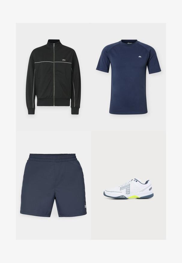 Schwarze Zip-Jacke mit hohem Kragen, weißen Einsätzen auf der Brust und grünem Lacoste-Logo auf der linken Seite. Gerippte Bündchen und Saum.; Marineblaues sportliches Kurzarmshirt mit Rundhalsausschnitt und kleinem weißem Logo auf der linken Brust.; Marineblaue Badeshorts aus leichtem Material; mit einem elastischen Bund und einem kleinen Logodetail auf der unteren rechten Seite.; Weißer Sportschuh mit dunkelgrauer Sohle, hellgelbem Akzent, schwarzem gestreiftem Design und EA7-Logo an der Seite, auf einfachem Hintergrund dargestellt.