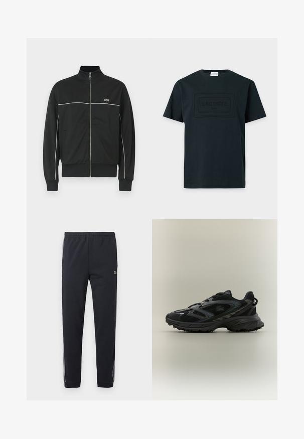 Schwarze Zip-Jacke mit hohem Kragen, weißen Einsätzen auf der Brust und grünem Lacoste-Logo auf der linken Seite. Gerippte Bündchen und Saum.; Schwarzes T-Shirt mit kurzen Ärmeln und rundem Ausschnitt mit geprägt "Lacoste Paris" Logo auf der Brust und einfarbigem Hintergrund.; Schwarze Sporthose mit elastischem Bund, zulaufenden Beinen, weißen Seitenstreifen und kleinem grünem Krokodil-Logo am rechten Oberschenkel.; Schwarzer Sportschuh mit Netz панели, einer strukturierten Sohle, Schnürsenkeln und einer geschwungenen Silhouette mit silbernen Akzenten an den Seiten.