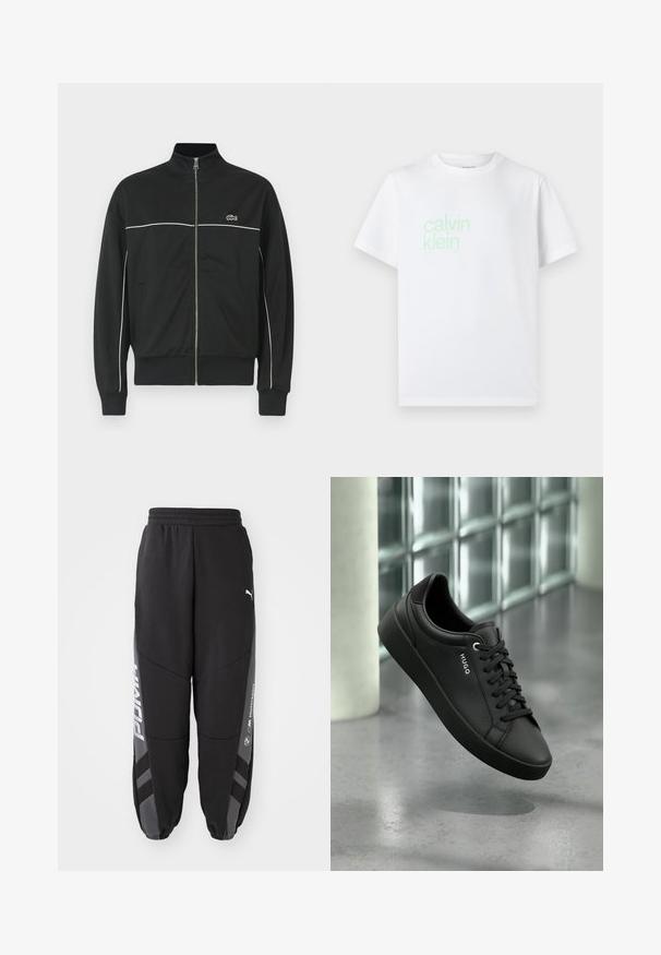 Sort zip-jakke med høj krave, hvid piping over brystet og grøn Lacoste-logo på venstre side. Ribbet manchetter og kant.; Hvid bomulds t-shirt med korte ærmer. Har et lysegrønt "calvin klein" logo trykt foran. Standard crew neck design.; Sorte joggebukser lavet af blødt materiale. Har elastisk talje, tapered ben, grå detaljer og hvide logoer på siderne.; Sort lædersneaker med sorte snørebånd og mærkenavnet "HUGO" på siden, vist mod en moderne baggrund af glasblokke og beton.