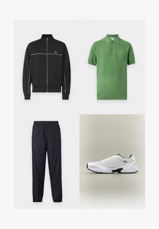 Čierna bunda na zips s vysokým golierom, bielym lemovaním cez prsia a zeleným logom Lacoste na ľavej strane. Rífľové manžety a lem.; Zelené krátkym rukávom polokošeľa s golierom, dvoma gombíkmi a malým vyšívaným logom krokodíla na hrudi.; Čierne, ľahké, vodeodolné nohavice s elastickým pásom a stiahnutými lemami pri členkoch. Hladká textúra, bez viditeľných vzorov alebo akcentov.; Biele atletické tenisky s textúrovaným sieťovinovým zvrškom, zakriveným dizajnom a kontrastnou čiernou podrážkou. S greennou vyšívanou nášivkou na boku.