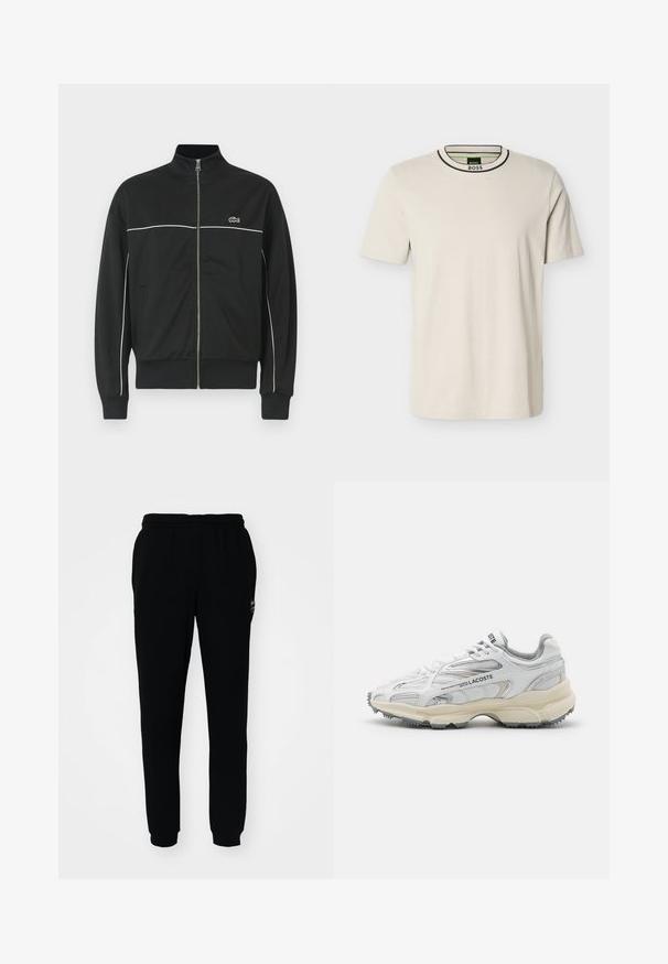Sort zip-jakke med høj krave, hvid piping over brystet og grøn Lacoste-logo på venstre side. Ribbet manchetter og kant.; Cremefarvet t-shirt med korte ærmer i bomuld, med rund halsudskæring med sort kant og en grøn mærkat med mærket inde i kraven.; Sorte sweatpants med elastisk talje og manchetter. Fremstillet af blødt stof med et lille logo på den øverste venstre side.; Hvide sportssko med grå detaljer, overdel i mesh og syntetiske materialer, snørebåndsdesign og tekstureret gummisål med grebemønstre.