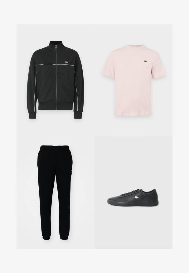 Sort zip-jakke med høj krave, hvid piping over brystet og grøn Lacoste-logo på venstre side. Ribbet manchetter og kant.; Enkelt lys pink kortærmet T-shirt med en lille grøn krokodille-logo på venstre bryst, vist mod en hvid baggrund.; Sorte sweatpants med elastisk talje og manchetter. Fremstillet af blødt stof med et lille logo på den øverste venstre side.; Sorte lædersneakers med rund tå, flad sål og hvidt logo på siden. Har sorte snørebånd og en glat, mat finish.