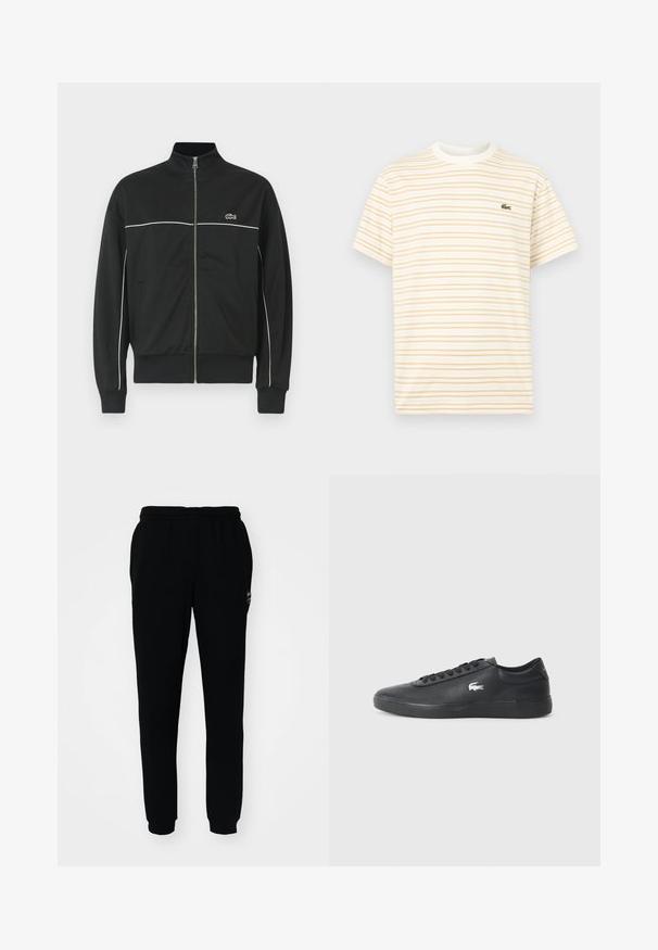 Zwarte ritself jacket met hoge kraag, witte piping over de borst en groen Lacoste-logo aan de linkerkant. Geribbelde manchetten en onderrand.; Korte mouw T-shirt met ronde hals en dunne horizontale beige strepen op een witte achtergrond, met een klein groen krokodillenlogo op de borst.; Zwarte trainingsbroek met een elastische tailleband en boorden. Gemaakt van zachte stof, met een klein logo aan de linkerbovenkant.; Zwarte leren sneaker met ronde neus, platte zool en wit logo aan de zijkant. Beschikt over zwarte veters en een gladde, matte afwerking.