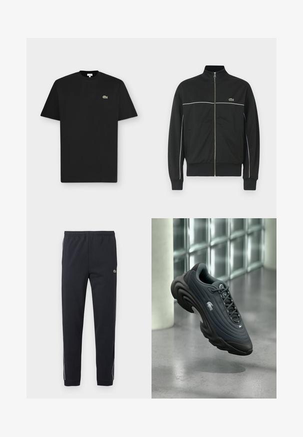 Zwarte ritself jacket met hoge kraag, witte piping over de borst en groen Lacoste-logo aan de linkerkant. Geribbelde manchetten en onderrand.; Zwarte korte mouw T-shirt met een ronde hals en een klein groen krokodillenlogo op de linkerborst op een lichtgrijze achtergrond.; Zwarte sportbroek met elastische tailleband, taps toelopende broekspijpen, witte zijstrepen en een klein groen krokodillenlogo op het rechterdijbeen.; Donkergrijze sportschoen met een gestructureerde bovenzijde, een afgerond ontwerp en een opvallend wit logo. Voorzien van een lichte zool en een vetersysteem.