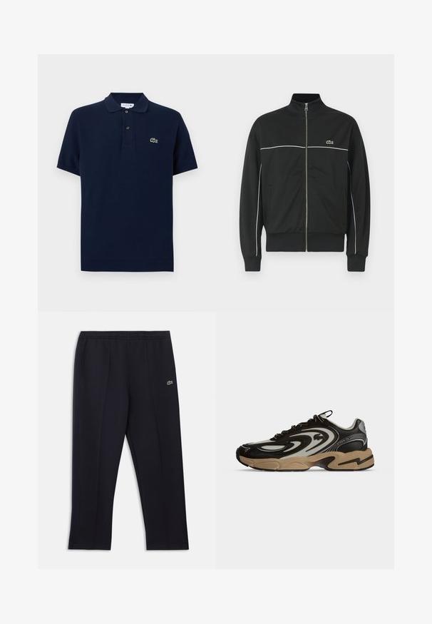 Veste zippée noire avec un col haut, un piping blanc sur la poitrine et un logo Lacoste vert sur le côté gauche. Poignets et ourlet côtelés.; Polo à manches courtes bleu marine avec un col à deux boutons et un petit logo crocodile vert sur le côté gauche de la poitrine.; Pantalon de sport noir avec poches latérales, ceinture élastique, fines bandes latérales et petit logo crocodile vert sur la hanche droite.; Baskets noires et beiges avec motifs ondulés, design à lacets et semelle épaisse sur fond clair uni.