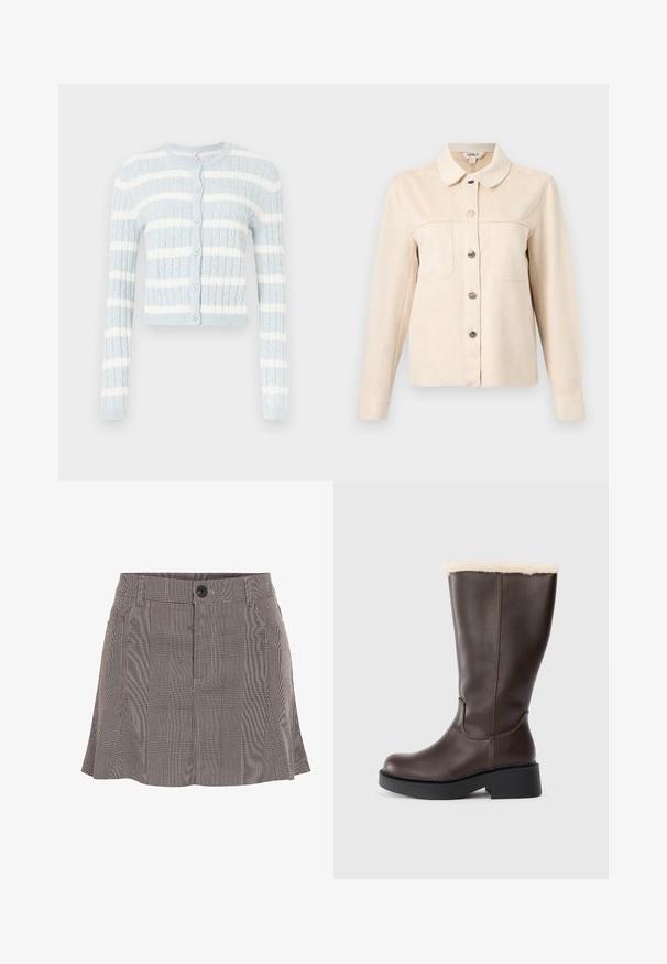 Hellblauer, kurz geschnittener Cardigan mit weißen horizontalen Streifen, mit gerippter Struktur, langen Ärmeln und sechs runden Knöpfen entlang der Vorderseite.; Beige Hemd mit Knöpfen und langen Ärmeln, zwei Brusttaschen vorne und spitzem Kragen, auf hellgrauem Hintergrund präsentiert.; Karierte Rock in Schwarz und Weiß, aus leichtem Stoff gefertigt, mit einem Bund mit Knopf und einem plissierten Design für zusätzliche Details.; Braune Lederstiefel bis zum Knie mit einem weichen beigen Kunstfellfutter oben, ausgestattet mit einer dicken schwarzen Plattformsohle und einer eleganten Form.