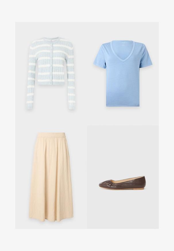 Lyseblå cropped cardigan med hvide vandrette striber, der har ribbet tekstur, lange ærmer og seks runde knapper ned foran.; Lyseblå kortærmet V-hals T-shirt lavet af blødt bomuldsstof, vist fladt på en hvid baggrund.; Lang beige nederdel med elastisk taljebånd, blødt tekstureret stof og en løs, flydende silhuet.; Brune læder balletflade med en afrundet tå, rynket detaljer foran, og en flad, lysfarvet sål.