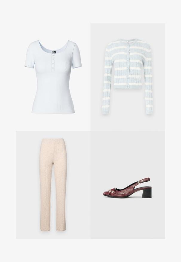 Lyseblå cropped cardigan med hvide vandrette striber, der har ribbet tekstur, lange ærmer og seks runde knapper ned foran.; Lyseblå ribbet kortærmet top med rund udskæring og fem knaps lukning foran. Blødt, strækbart stof med en tætsiddende pasform.; Beige ribstrikkede bukser med elastisk talje, lige ben og en blød tekstur, velegnet til afslappet brug.; Bordeauxfarvet læderslippersko med rund tå, buet design, sølvhardwaredetaljer og blokhæl. Tekstureret finish.