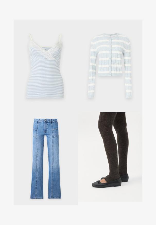 Cardigan court bleu clair à rayures blanches horizontales, avec texture côtelée, manches longues et six boutons ronds sur le devant.; Camisole femme rayée bleu et blanc avec bordure en dentelle blanche sur le col en V et bretelles réglables.; Jean en denim bleu clair avec taille haute, bouton devant, fermeture éclair, détails de coutures et jambes légèrement évasées sur un fond uni.; Jambes portant des leggings côtelés foncés associés à des ballerines noires avec de petits détails en nœud sur fond blanc.