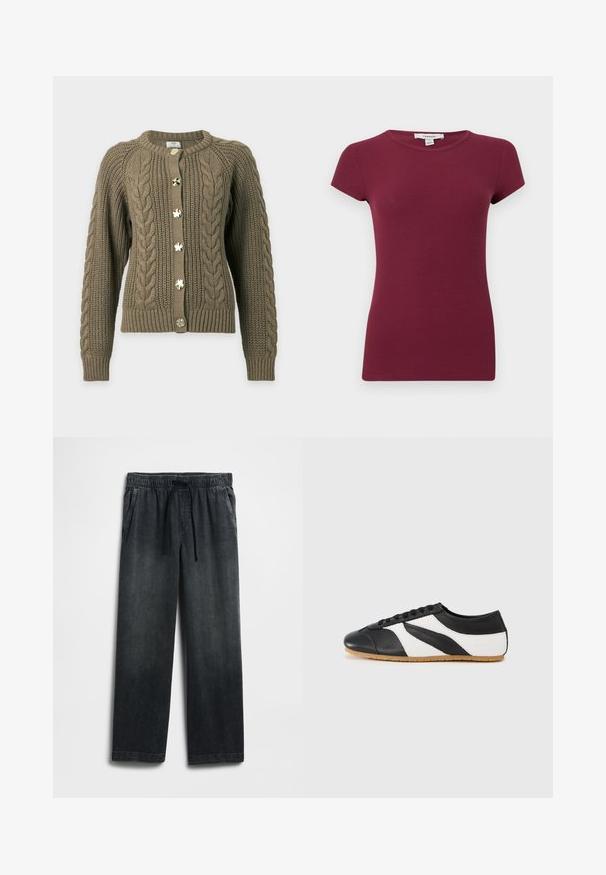 Brun strikket cardigan med kabelmønstre på front og ærmer, med seks store, runde, skinnende knapper ned langs midten.; Kortærmet lilla ribstrikket top med rund hals og tætsiddende silhuet, ensfarvet tekstur, vist på ensartet baggrund.; Sorte denimbukser med elastisk talje og snøre, vid pasform og diskret falmet look. To sidelommer inkluderet.; Sort-hvid sneaker med et buet design, lavet af læder, med en struktureret sort tåhætte og en sål af gummirubber. Snørelukning.