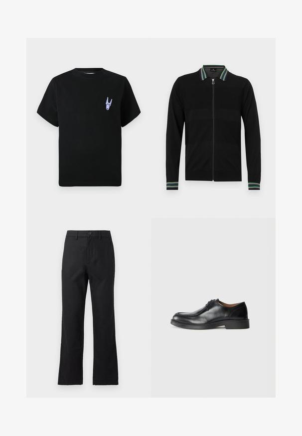 Schwarzer Cardigan mit Reißverschluss und kontrastierendem gestreiftem Kragen sowie Bündchen. Verfügt über ein strukturiertes Muster auf dem Stoff. Lange Ärmel.; Schwarzes Baumwoll-T-Shirt mit kurzen Ärmeln, das ein kleines lila grafisches Detail im linken Brustbereich zeigt. Einfaches, kastiges Design.; Schwarze Hose mit geradem Bein, Gürtelschlaufen, Knopfverschluss und Vordertaschen, dargestellt vor einem einfachen grauen Hintergrund.; Schwarze Leder-Dressschuhe mit abgerundetem Zehenbereich, glatter Oberfläche, Schnürdetails und einer niedrigen, strukturierten Gummisohle. Saubere Linien und minimalistisches Design.