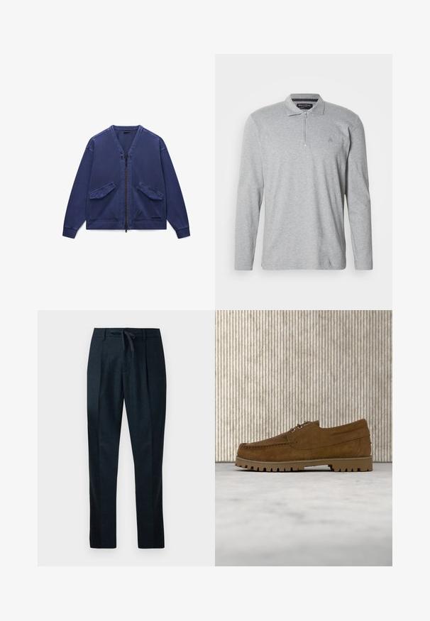Marineblaue Reißverschlussjacke aus weichem Stoff mit zwei aufgesetzten Fronttaschen, gerippten Bündchen und V-Ausschnitt. Einfach und funktional.; Graues Langarm-Polohemd aus weichem Stoff, mit einem halben Reißverschluss, einem klassischen Kragen und einem kleinen Logo auf der Brust.; Marineblaue Hose aus strukturiertem Stoff, mit einem Kordelzugbund, geraden Beinen und zwei vorderen Falten für eine maßgeschneiderte Optik.; Brauner Wildleder-Schnürschuh mit dicker, geriffelter Sohle, der über einem beigen Teppich schwebt, im Hintergrund ein brauner ovaler Tisch.