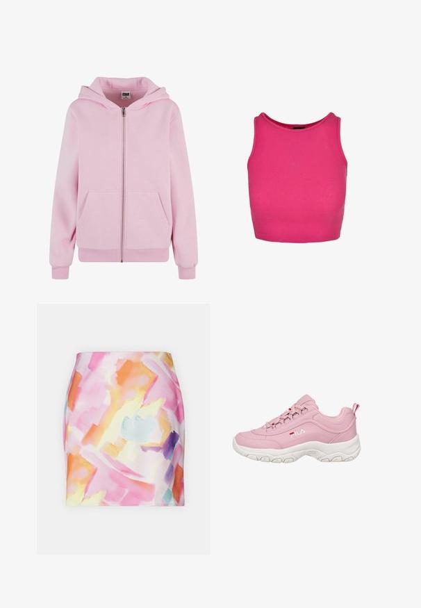 Rosa zip-up hoodie lavet af blødt stof, med en frontlynlås, to sidelommer og justerbare snore i hætten.; Fittet ærmeløs top i lys pink ribbet stof. Har en rund halsudskæring og en cropped pasform, med glat syning langs kanterne.; Farverig mini-nederdel med et abstrakt akvarelmønster i pink, orange og lilla nuancer; glat stof med et tætsiddende design.; Rosa sneakers med en glat syntetisk overdel, hvid gummisål, snøre-design og FILA-logo på siden. Har en pull-tab ved hælen.