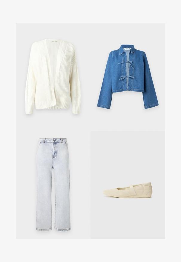 Hvid strikket cardigan med et tekstureret mønster og kabelflet-design, åben front samt ribbede kanter ved ærmer og bund. Blødt, let materiale.; Afskåret blå denimjakke med krave, lange ærmer og en centralt placeret toggle-lukning. Glat tekstur, minimale syningsdetaljer.; Lyseblå denim bredbenede jeans med høj talje, med knaplukning, lige kant og minimal falming.; Lysebrune ballet flats med en glat læderoverflade, mandelformet tå og elastisk rem over vristen, med diskrete syninger.