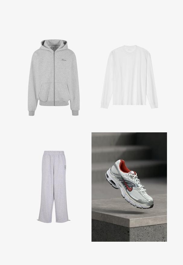 Haut à capuche zippé gris en tissu doux, doté d'une capuche doublée, de deux poches avant, de poignets et d'un ourlet côtelés, avec un petit logo sur la poitrine.; T-shirt blanc en coton à manches longues avec col rond, doté de poignets côtelés et d'un ourlet droit, texture lisse et design minimaliste.; Karl Kani Pantalon de survêtement - grey; Chaussure de running Nike blanche et argentée avec des accents rouges flottant au-dessus d’un rebord en béton, mettant en valeur ses détails latéraux et de la semelle.