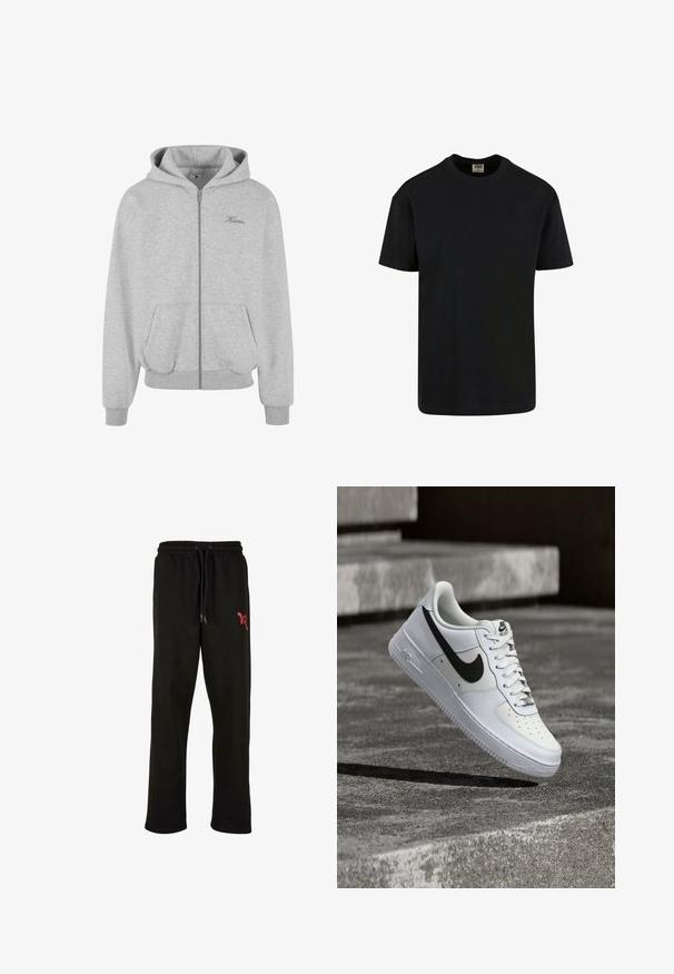 Grå zip-up hoodie lavet af blødt stof, med en foret hætte, to forlommer, ribkanter ved manchetter og bund, samt et lille logo på brystet.; Urban Classics SHORTSLEEVE - T-shirts basic - black; Sorte sweats med elastisk talje og justerbar snor. Har et rødt logo på venstre lår. Blødt materiale.; Hvid Nike Air Force 1-sneaker med sort swoosh, snørebånd bundet, placeret i luften over tekstureret betonoverflade udendørs.
