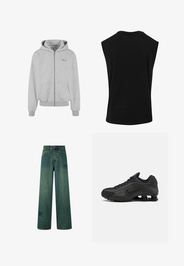 Graue Zip-Hoodie aus weichem Material, mit gefütterter Kapuze, zwei vorderen Taschen, gerippten Bündchen und Saum sowie einem kleinen Logo auf der Brust.; Schwarzes ärmelloses Oberteil aus glattem, leichtem Material mit rundem Ausschnitt und lockerem Schnitt. Keine sichtbaren Muster oder Verzierungen.; Weite Jeans aus dunkelblauem Denim mit einer dezenten, verblassten Textur. Mit Gesäßtaschen und einem dekorativen Logodetail.; Schwarze Laufschuhe mit einem glatten synthetischen Obermaterial, durchbrochenen Akzenten, strukturierten Seitenpaneelen und einer ausgeprägten federnden Sohle.