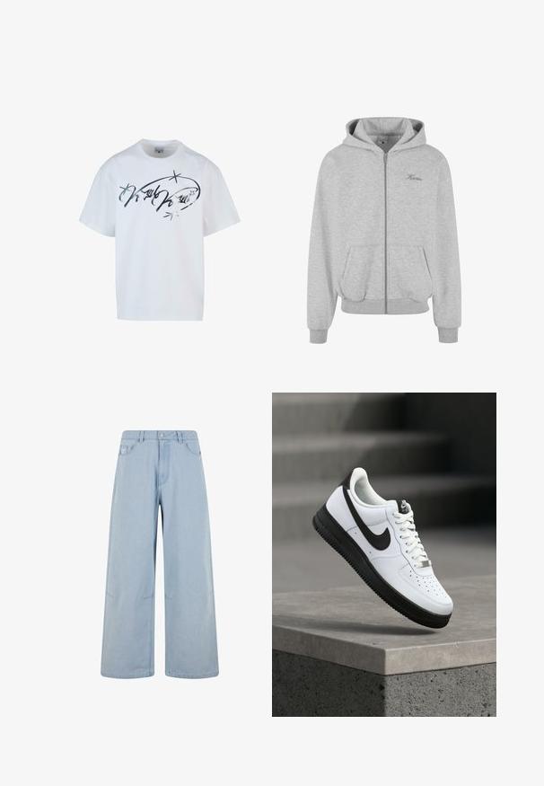 Šedá mikina na zips vyrobená z mäkkej tkaniny, s podšívkou kapucňou, dvoma prednými vreckami, pružnými manžetami a lemom, a malým logom na hrudi.; Biela bavlnená tričko s strieborným potlačou písma a hviezdami. Voľný strih s krátkymi rukávmi a okrúhlym výstrihom.; Svetlomodré široké džínsy vyrobené z denimu, s vysokým pásom, gombíkovým zapínaním a prednými vreckami. Dizajn zahŕňa jemné švy.; Biela kožená teniska s čiernymi akcentmi, zaoblenou špičkou a perforovanými detailmi. Čierna gumová podrážka s textúrovaným vzorom a šnurovanie na šnúrky.