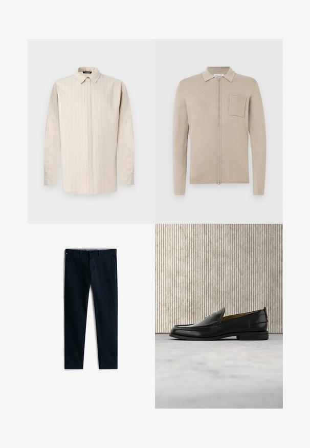 Beige lynlås cardigan med lange ærmer, krave og frontlomme. Lavet af blødt strikmateriale, med en glat tekstur og minimalistisk design.; Lyse beige langærmet skjorte med knapkrave, der har lodrette striber, lige snit og enkeltknapsmanchetter.; Mørkeblå bukser lavet af bomuld med en glat tekstur. Har sidelommer, knaplukning og et subtilt brandlogo på taljen.; Sort læder herreloafer med krokodillepræget forstykke og lav hæl, vist i profil på en neutral baggrund.