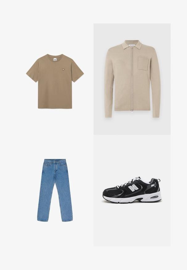 Vaaleanbeige vetoketjullinen neuletakki, jossa on pitkät hihat, kaulus ja etutasku. Valmistettu pehmeästä neulemateriaalista, joka tarjoaa sileän tekstuurin ja minimalistisen muotoilun.; Tan lyhythihainen pyöreäkauluksinen t-paita, jossa on pieni pyöreä logo-patche, jossa vasemmassa rinnassa valkoinen "W".; Vaaleansiniset suorat farkut, valmistettu denimistä. Ominaisuuksiin kuuluvat viisi taskua, kontrastivärinen ommel sekä nappi- ja vetoketjukiinnitys.; Mustat ja harmaat urheilukengät, joissa on verkkokangas- ja keinonahka päällyste, valkoinen välipohja, nauhat sekä rohkea "N"-logo sivussa.